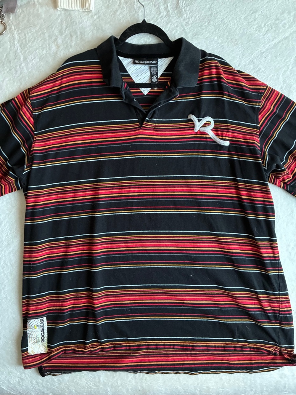 Vintage Rocawear Black Polo with Red, Yellow and White Stripes
